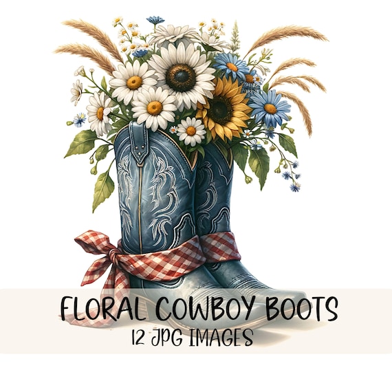 Summer Floral Cowboy Boots Clipart High Quality JPGs  Watercolor Cowgirl Boots Clipart Western Images Fall Graphics Farmhouse Western Boots