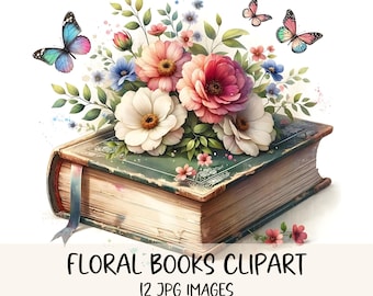 May include: A vintage book with a green cover is adorned with a bouquet of pink, white, and blue flowers.  Butterflies with blue, pink, and white wings flutter around the flowers.  Floral Books Clipart 12 JPG Images