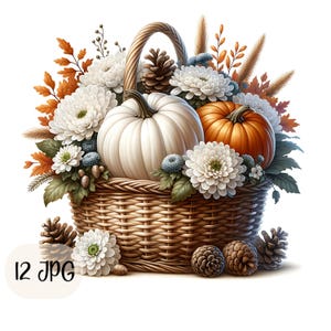 Pacote de clipart de outono em aquarela, clipart de colheita de outono, gráficos de colheita de abóbora para impressão, imagens JPG, ilustrações, diário de lixo, ação de graças