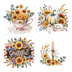 Op de afbeelding: Een verzameling van vier aquarel illustraties met herfstthema's. Bevat een theekopje gevuld met zonnebloemen, een pompoen met bloemstukken, een houten bord met het woord "Grateful" en een kaars met zonnebloemen. Elk element heeft een label met een woord.