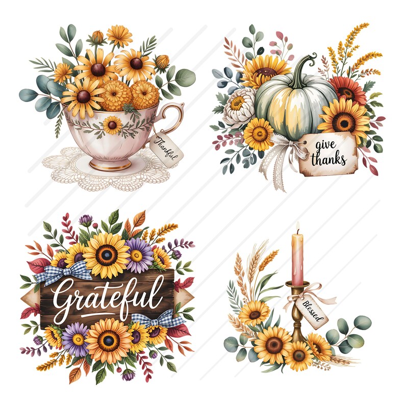 Op de afbeelding: Een verzameling van vier aquarel illustraties met herfstthema's. Bevat een theekopje gevuld met zonnebloemen, een pompoen met bloemstukken, een houten bord met het woord "Grateful" en een kaars met zonnebloemen. Elk element heeft een label met een woord.