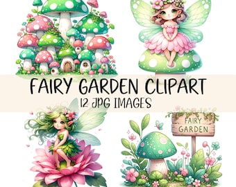 Aquarell-Feengarten-Clipart-Paket: Magische Feen-JPG-Bilder zum digitalen Download, Feenhaus-Illustrationen, niedliche Blumenfeen, druckbare Kunst