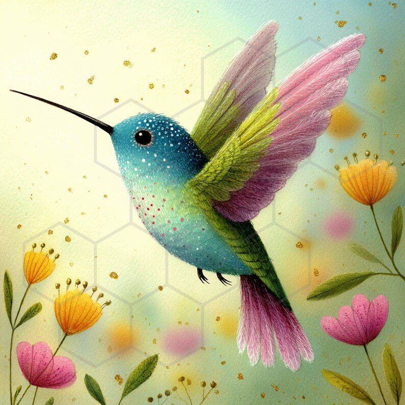 Whimsy Hummingbird Whimsical Hummingbird Clipart Bundle Floral Bird JPG Background Images ...