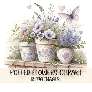 Potted Flowers Clipart Bundle Watercolor Wildflower Garden Clipart Botanical Floral High Quality JPG Images Spring Garden Cottagecore Art