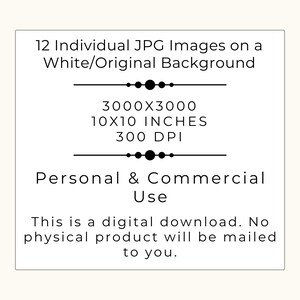 Op de afbeelding: Witte achtergrond met tekst: "12 individuele JPG-afbeeldingen op een witte/originele achtergrond". Bevat beeld afmetingen van 10 x 10 inch en 300 DPI. Tekst vermeldt ook "Persoonlijk & commercieel gebruik" en "Dit is een digitale download."