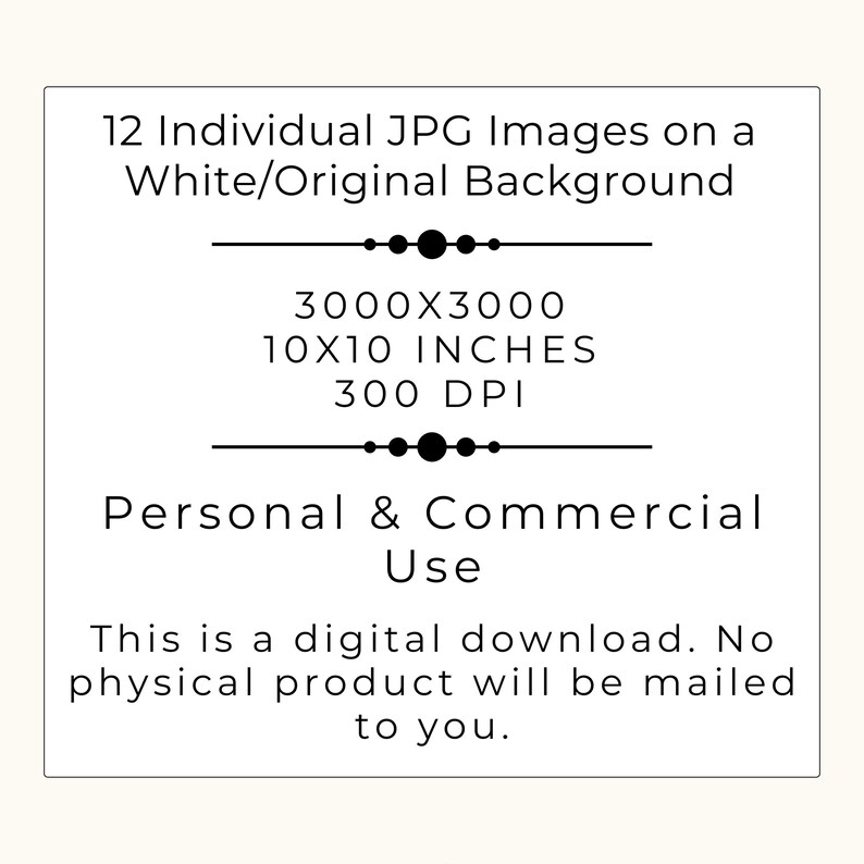 Op de afbeelding: Witte achtergrond met tekst: "12 individuele JPG-afbeeldingen op een witte/originele achtergrond". Bevat beeld afmetingen van 10 x 10 inch en 300 DPI. Tekst vermeldt ook "Persoonlijk & commercieel gebruik" en "Dit is een digitale download."