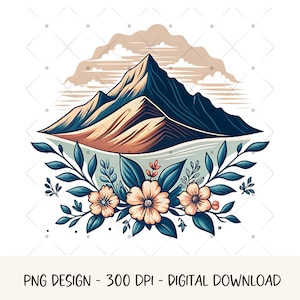 山の花のPNG Tシャツデザイン自然シーンクリップアート山の風景PNGグラフィックイラスト花PNG印刷可能なデジタルダウンロード