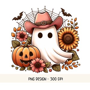 May include: A white ghost wearing a pink cowboy hat with a brown belt, surrounded by autumn foliage, sunflowers, and a jack-o'-lantern.
