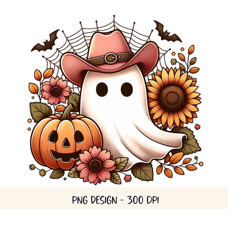 May include: A white ghost wearing a pink cowboy hat with a brown belt, surrounded by autumn foliage, sunflowers, and a jack-o'-lantern.