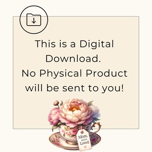 Puede incluir: Gr&aacute;fico de descarga digital con una taza de t&eacute; y un platillo de flores rosas y blancas. La taza de t&eacute; tiene una etiqueta que dice "Mam&aacute;, eres amada."