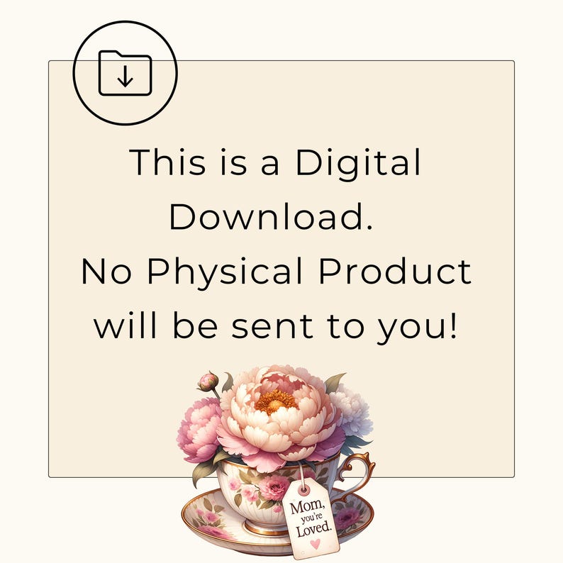 Puede incluir: Gr&aacute;fico de descarga digital con una taza de t&eacute; y un platillo de flores rosas y blancas. La taza de t&eacute; tiene una etiqueta que dice "Mam&aacute;, eres amada."