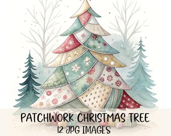 Patchwork Christmas Tree Clipart Bundle: Farmhouse Holiday Art (Digital Download)