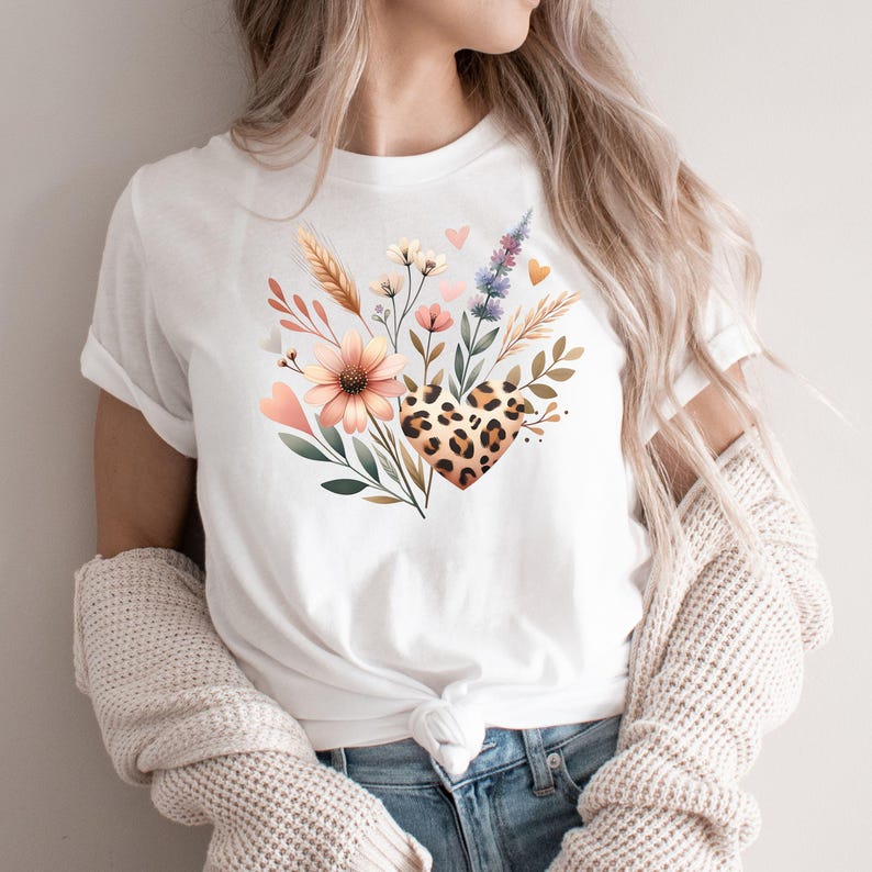 Blommig Cottagecore PNG Wildflower Design Akvarell Botanisk PNG Grafisk Leopardtryck Hjärta T-shirt Design Naturälskare Digital Nedladdning bild 2