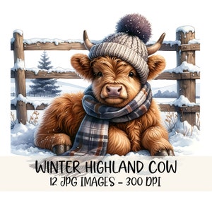 Paquete de imágenes prediseñadas de vaca de las Tierras Altas de invierno. Imágenes JPG con un lindo diseño de vaca de las Tierras Altas. Descarga digital de una acogedora ilustración de vaca de las Tierras Altas de invierno. Imágenes prediseñadas de invierno.