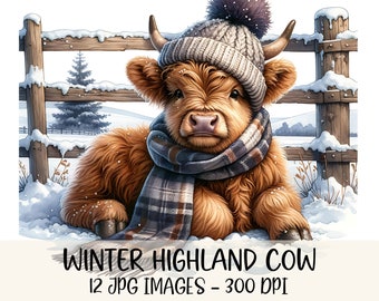 Winter Highland Cow clipart bundel schattige Highland Cow Design JPG-afbeeldingen gezellige Winter Highland Cow illustratie digitale download winter clipart