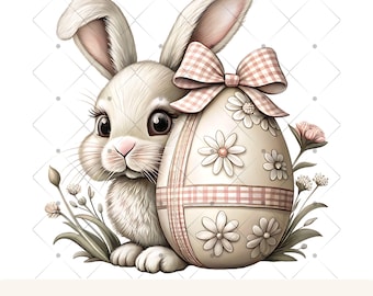 May include: An Easter-themed digital design featuring a white bunny with large eyes next to a decorated egg. The egg is adorned with daisy patterns and a pink gingham bow. Delicate flowers and foliage surround the bunny and egg. The text at the bottom reads "PNG DESIGN - 300 DPI - DIGITAL DOWNLOAD."