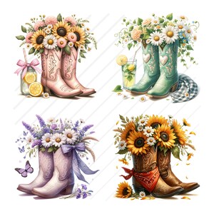 May include: Four images of cowboy boots filled with flowers. The boots are in various colours: pink, teal, lavender, and brown. Each pair of boots is decorated with a different arrangement of sunflowers, daisies, and other flowers. A glass of lemonade and a butterfly are also included.