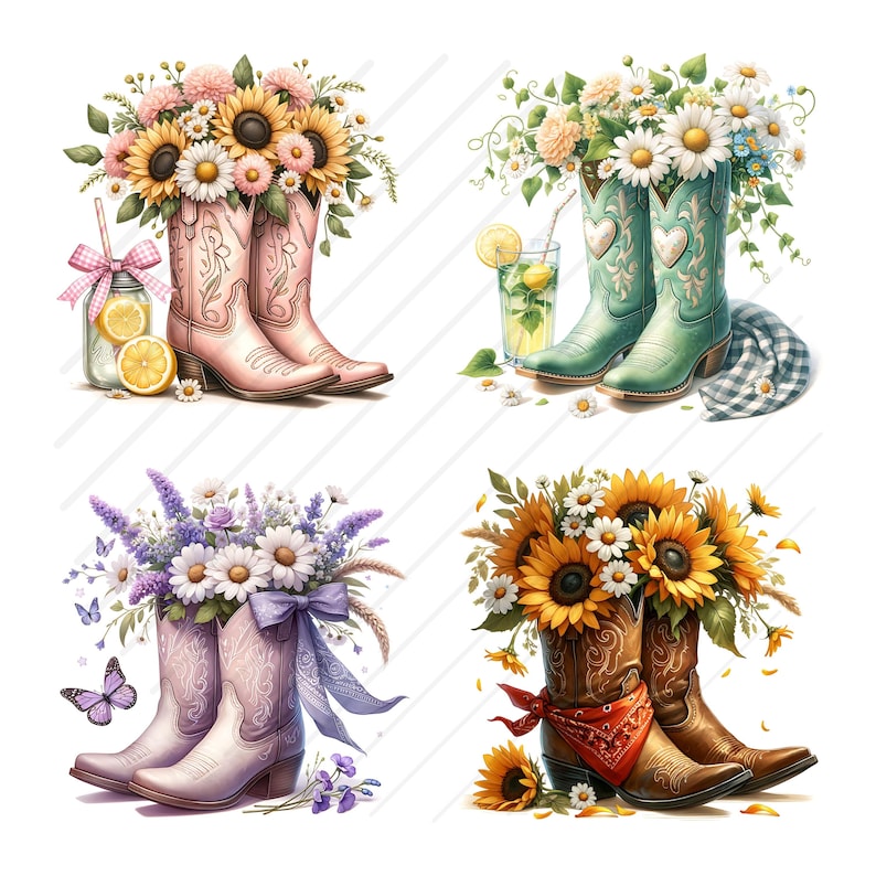 May include: Four images of cowboy boots filled with flowers. The boots are in various colours: pink, teal, lavender, and brown. Each pair of boots is decorated with a different arrangement of sunflowers, daisies, and other flowers. A glass of lemonade and a butterfly are also included.