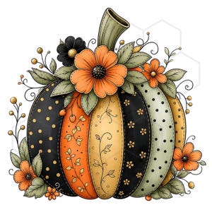 May include: A decorative pumpkin illustration featuring alternating vertical segments in black, orange, and cream. The segments are adorned with polka dots and vine patterns. The pumpkin is topped with orange and black flowers and green leaves.