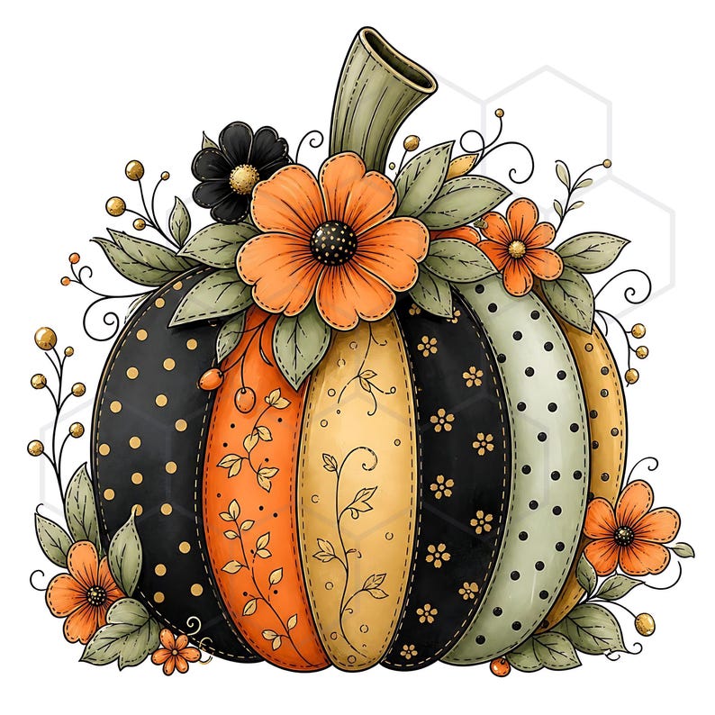 May include: A decorative pumpkin illustration featuring alternating vertical segments in black, orange, and cream. The segments are adorned with polka dots and vine patterns. The pumpkin is topped with orange and black flowers and green leaves.