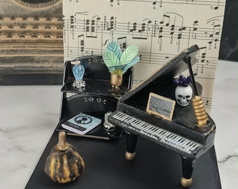 Halloween Miniature Piano Scene, Vintage 1941 Sheet Music, Gothic Music Room Display