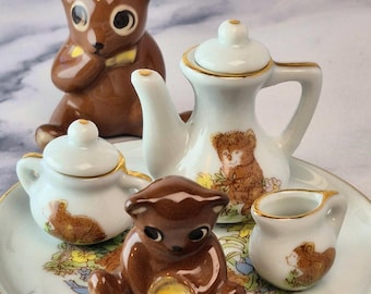 Vintage Japanese Ceramic Teddy Bear, Dollhouse Tea Set, Floral Porcelain, Gold Trim