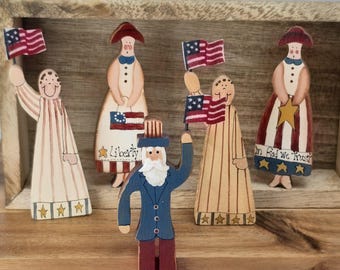 Vintage Hand-Painted Wooden Americana Figures Set, Patriotic Folk Art Decor