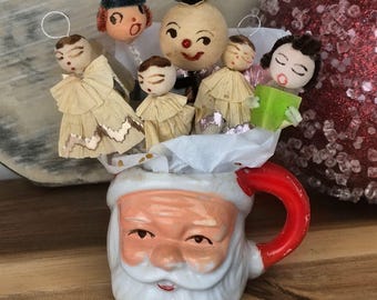 Vintage Santa Mug with Spun Cotton Carolers, Holiday Figure Lot