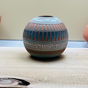 Signed Southwestern Pottery Mini Seed Pot – Turquoise Terracotta – Native American Style Clay Vase