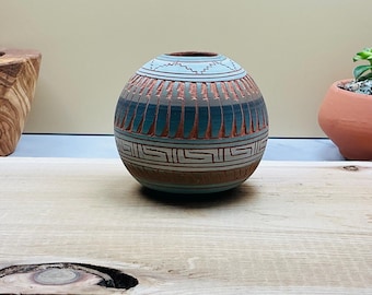 Signed Southwestern Pottery Mini Seed Pot – Turquoise Terracotta – Native American Style Clay Vase