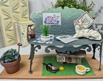 Miniature Bench Display with Hidden Door | Whimsical Diorama | Fairy Garden | Cat and Mouse