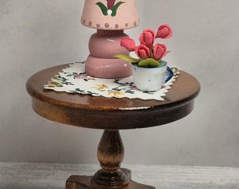 1:12 Miniature Wooden Table, Lamp and Flowers, Vintage Dollhouse Furniture