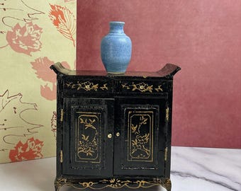 Vintage Dollhouse Cabinet with Blue Vase | Miniature Asian Inspired Chinoiserie Furniture