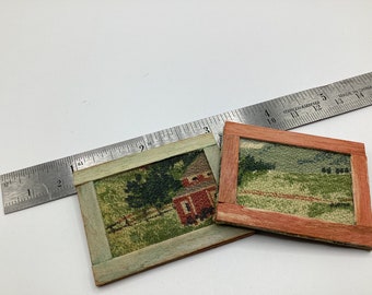 Miniature Framed Folk Art – Handmade from Vintage Grandma Moses Textile – Dollhouse Wall Decor