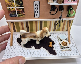Vintage Bone China Basset Hound Diorama – Handmade Miniature Pet Scene Decor