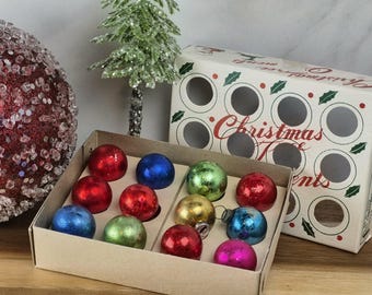 Vintage 3/4” Japanese Glass Christmas Ornaments, Complete Set of 12, Original Box