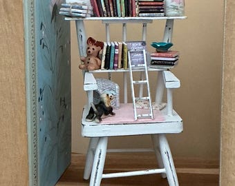 Miniature Reading Nook Diorama – Cozy Book Chair Scene with Dog, Books & Flowers