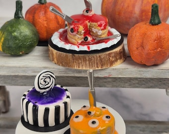 Handmade Halloween Miniature Cake, Spooky Polymer Clay Dollhouse Food Decor