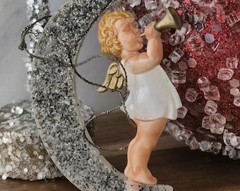 Vintage Celluloid Angel Crescent Moon Ornament, Mica Glitter, Trumpet Cherub, Mid Century Christmas Decor