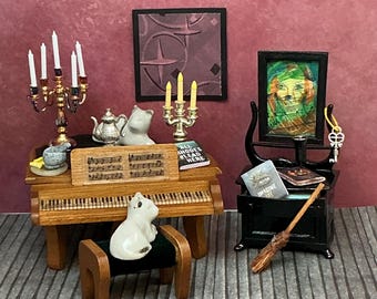 Dark Academia Miniature Piano Scene – Witchy Study Diorama with Cats, Candles & Books Dollhouse Display