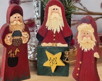 Vintage Hand-Painted Wooden Santa Trio, Primitive Folk Art Christmas Figures