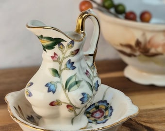 Vintage Delton Miniature Pitcher & Wash Basin, Floral Porcelain Dollhouse Bathroom Set, Gold Trim