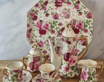 Chintz Rose Floral Tea Set, Gold Trim, Cottagecore Decor (Decorative Use)
