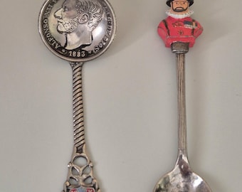 Vintage Souvenir Spoon Lot Beefeater London & Alfonso XII Spain Coin Style Collectible