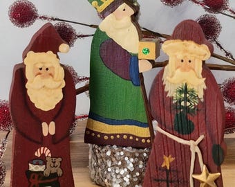 Set of 3 Hand-Painted Wooden Santa Figures, Vintage Christmas Folk Art Decor