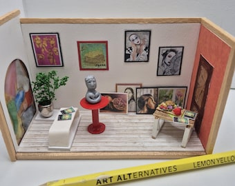 Handmade Miniature Art Studio Diorama: Wall Art and Sculptures