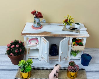 Handmade Farmhouse Hutch Miniature Scene – Distressed Cabinet, Pig, Plants, Rustic Decor