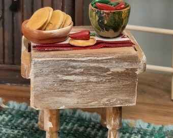 Miniature Chili & Fry Bread Display, Southwestern Kitchen, Rustic Dollhouse Table, Handmade Polymer Food