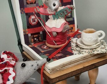 Miniature Christmas Storybook Scene with Mice, Tea & Quilting, Handmade Holiday Dollhouse Display