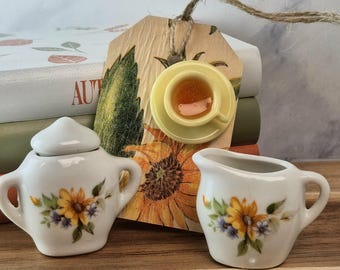 Sunflowers and Daisies, Miniature Dollhouse Cream Sugar Tea Set,  Cup of Tea Ornament